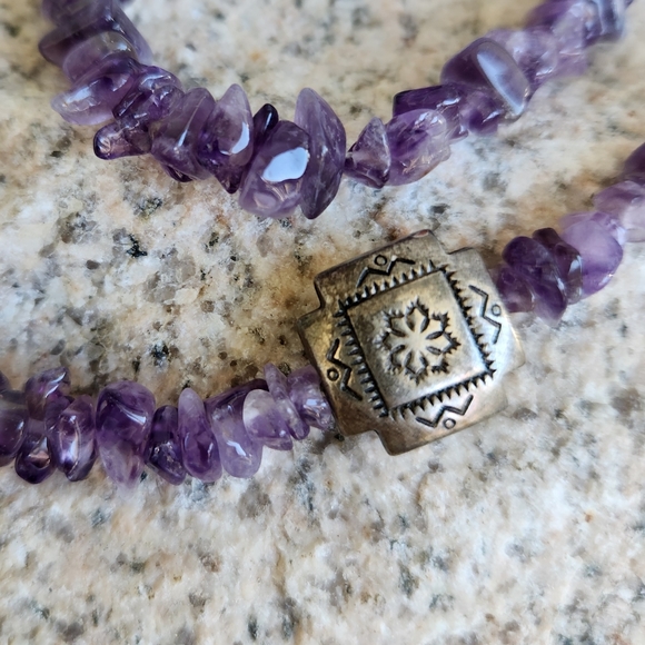 Amethyst Chip Silver Aztec Station Necklace - Picture 4 of 8